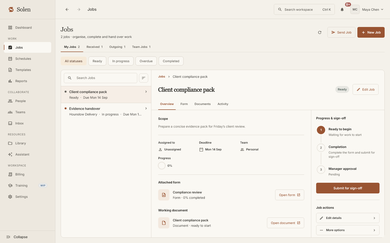 Demonstration Job showing a client compliance pack, status, deadline, attached form and working document.