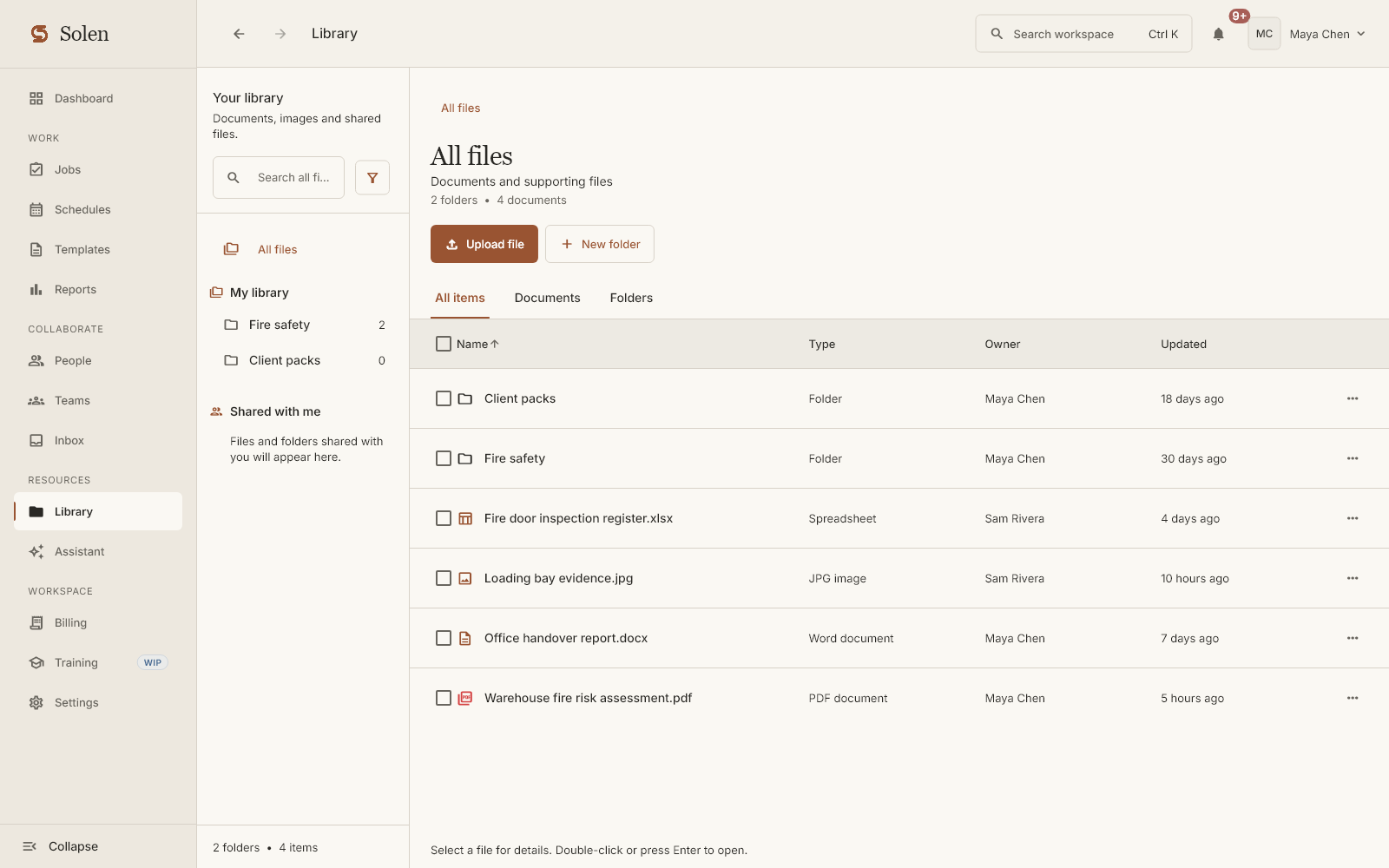 Demonstration Library listing folders, a spreadsheet, an evidence image, a Word document and a PDF.